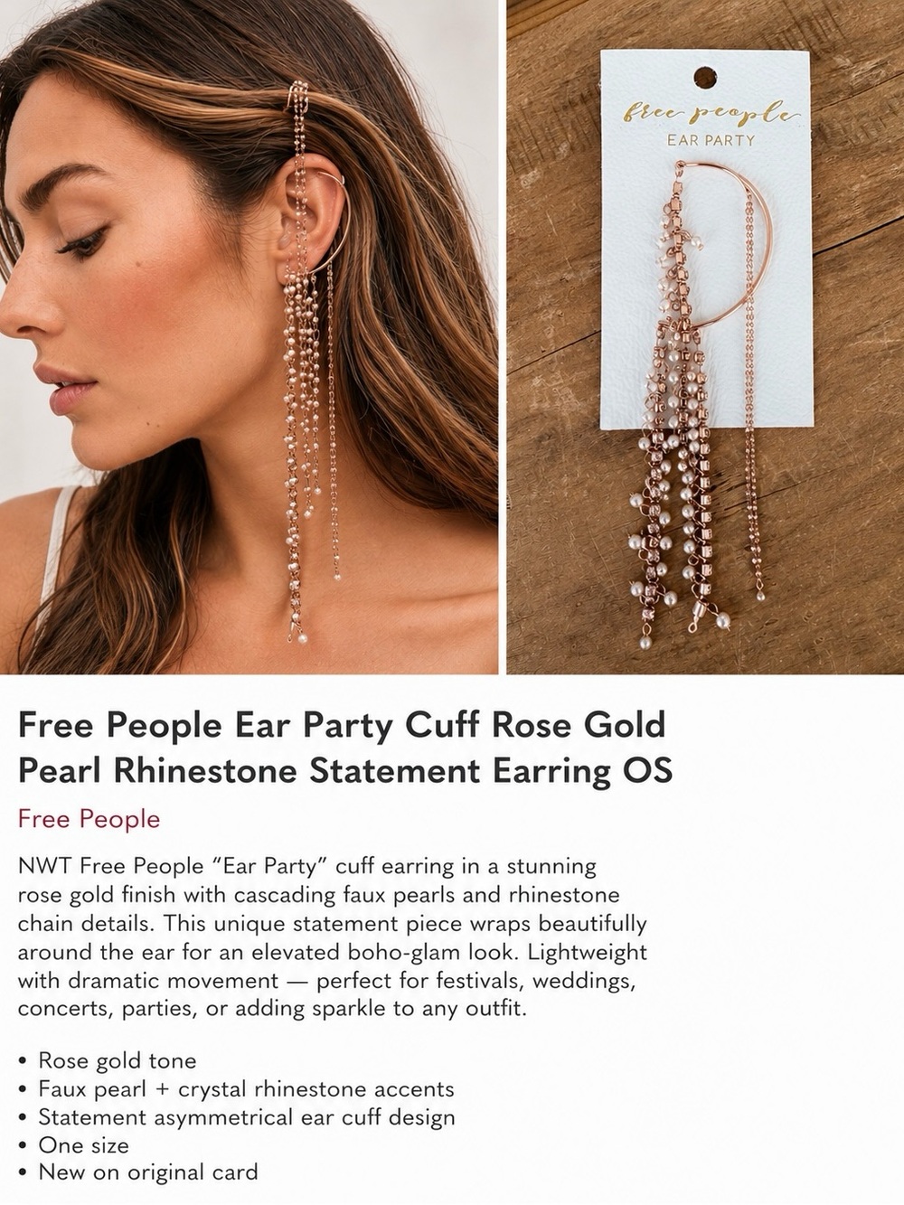 NWT Free People Ear Party Cuff Rose Gold Pearl Rhinestone Statement Earring